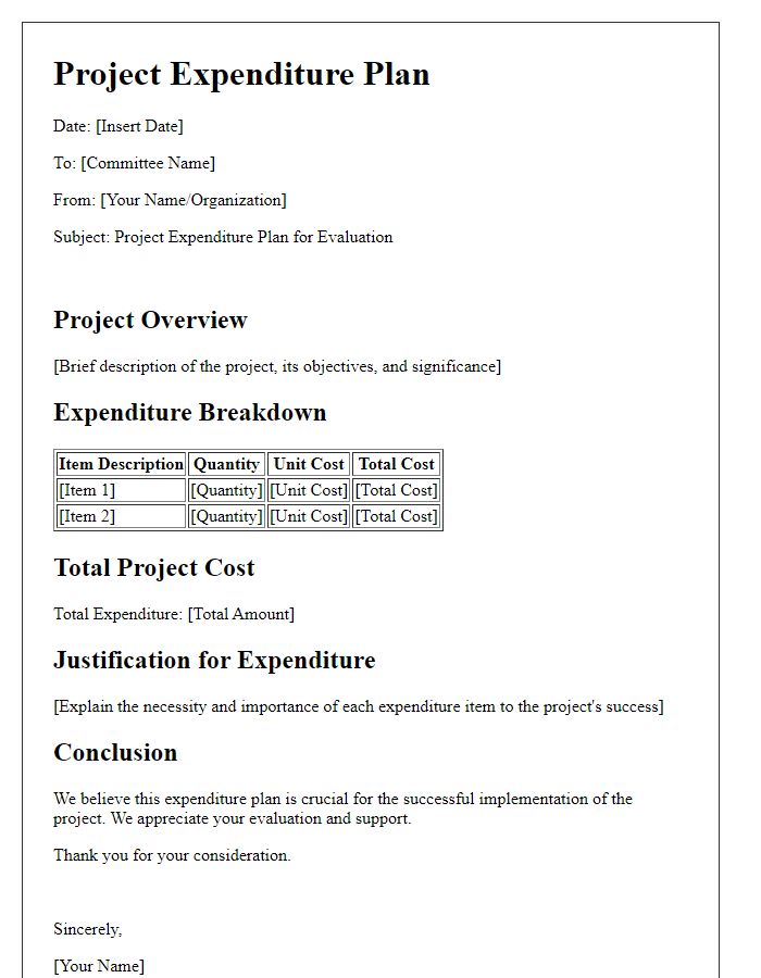 Letter template of project expenditure plan for committee evaluation