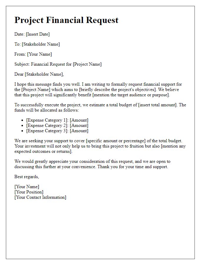 Letter template of project financial request for stakeholder consideration