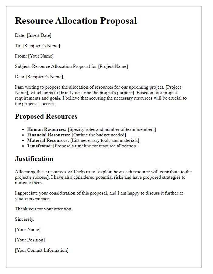 Letter template of resource allocation proposal for team project