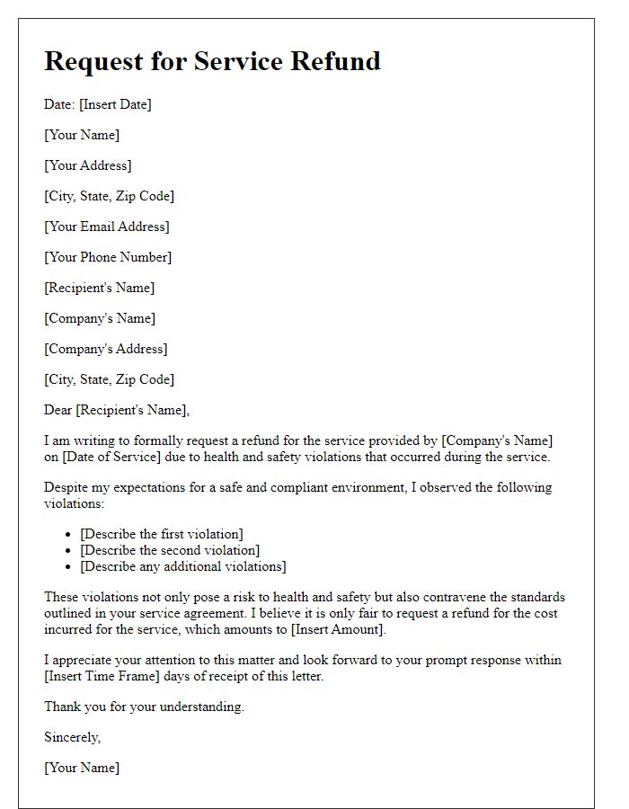 Letter template of service refund request for health and safety violations