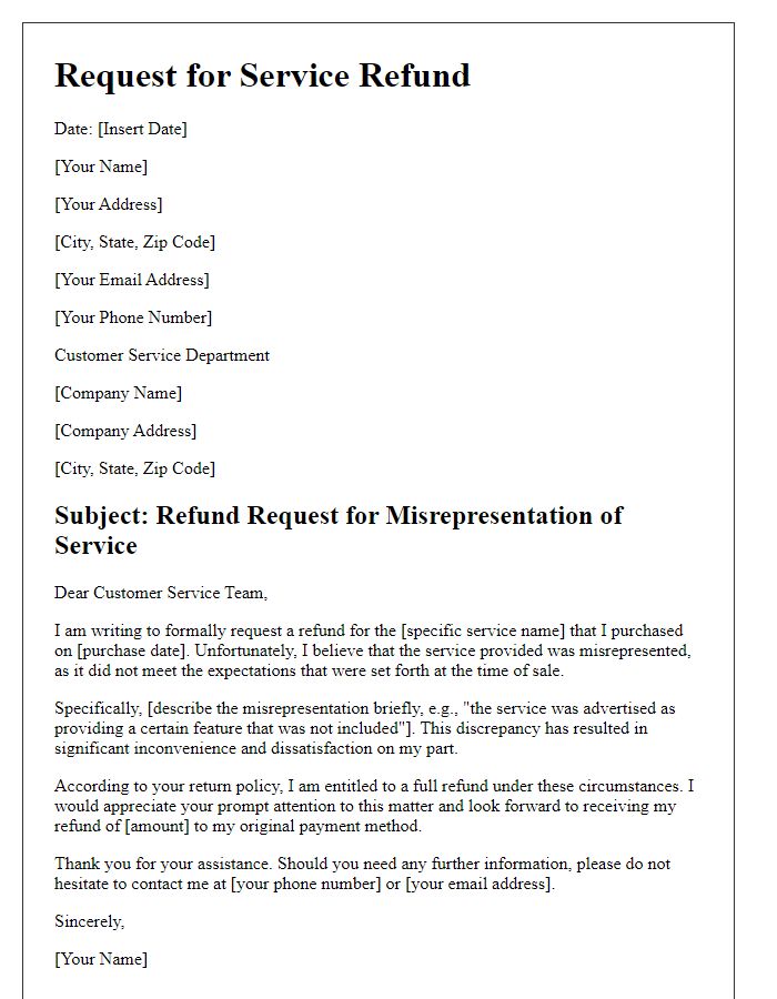 Letter template of service refund request for misrepresentation of service