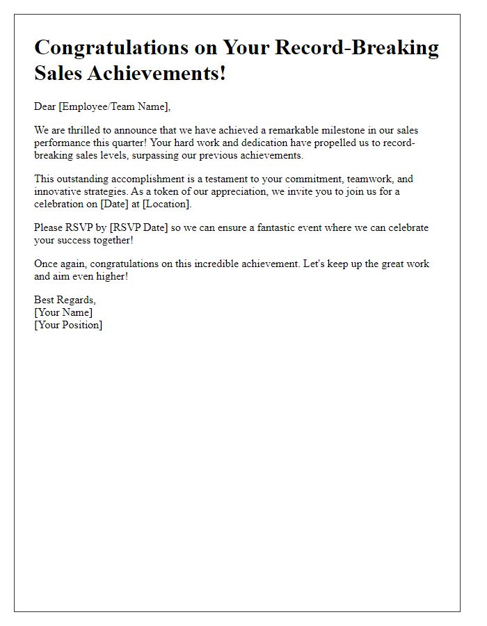 Letter template of celebration for record-breaking sales achievements