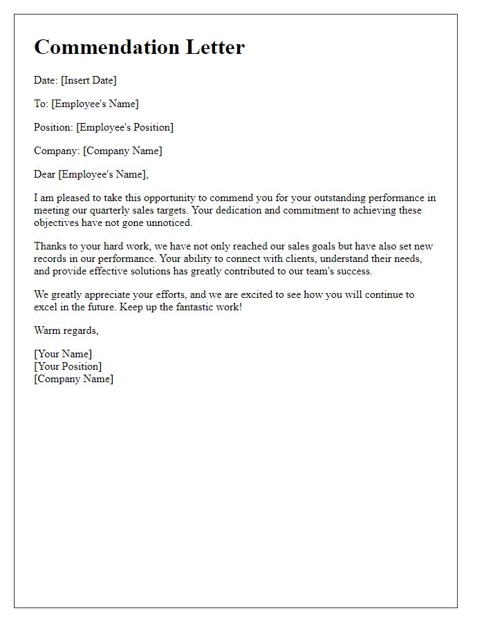 Letter template of commendation for meeting quarterly sales targets