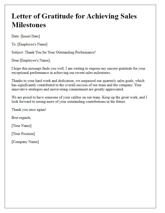 Letter template of gratitude for achieving sales milestones