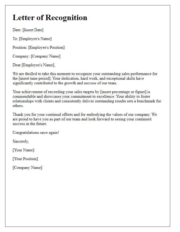 Letter template of recognition for outstanding sales performance