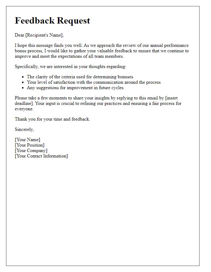 Letter template of feedback request regarding annual performance bonus process.