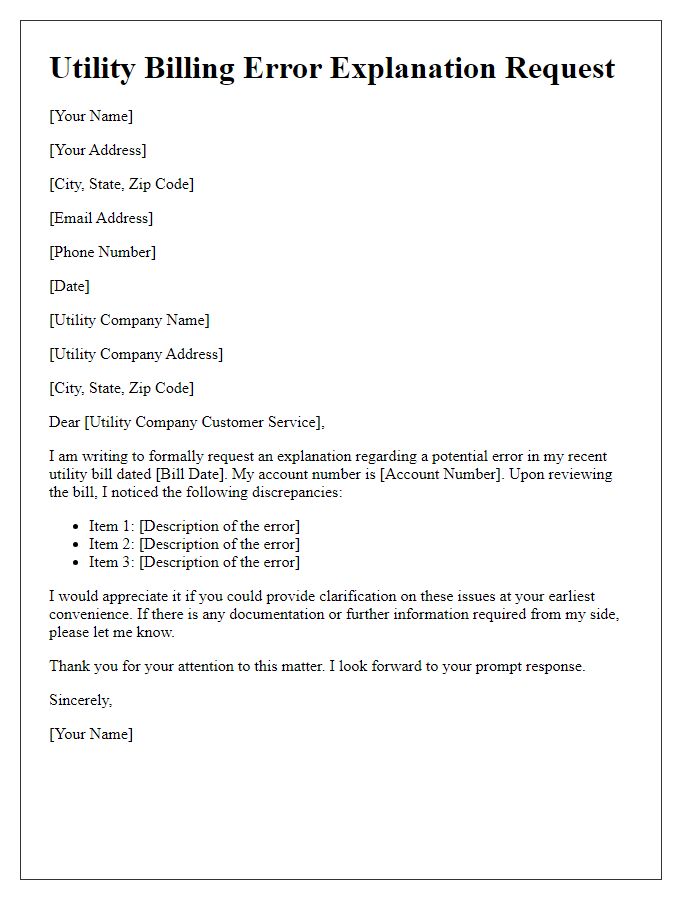 Letter template of utility billing error explanation request.