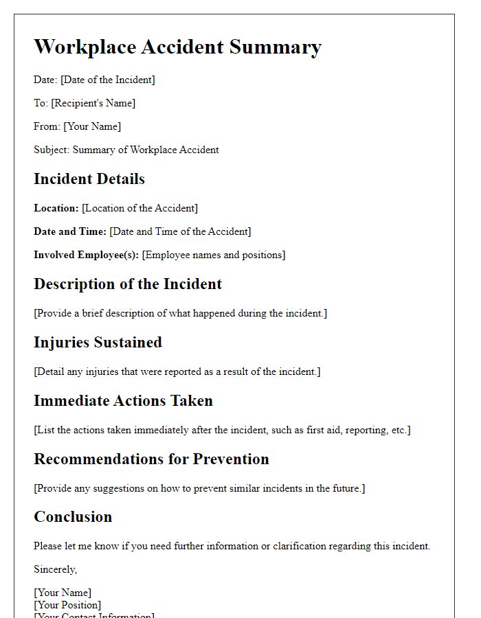 Letter template of workplace accident summary