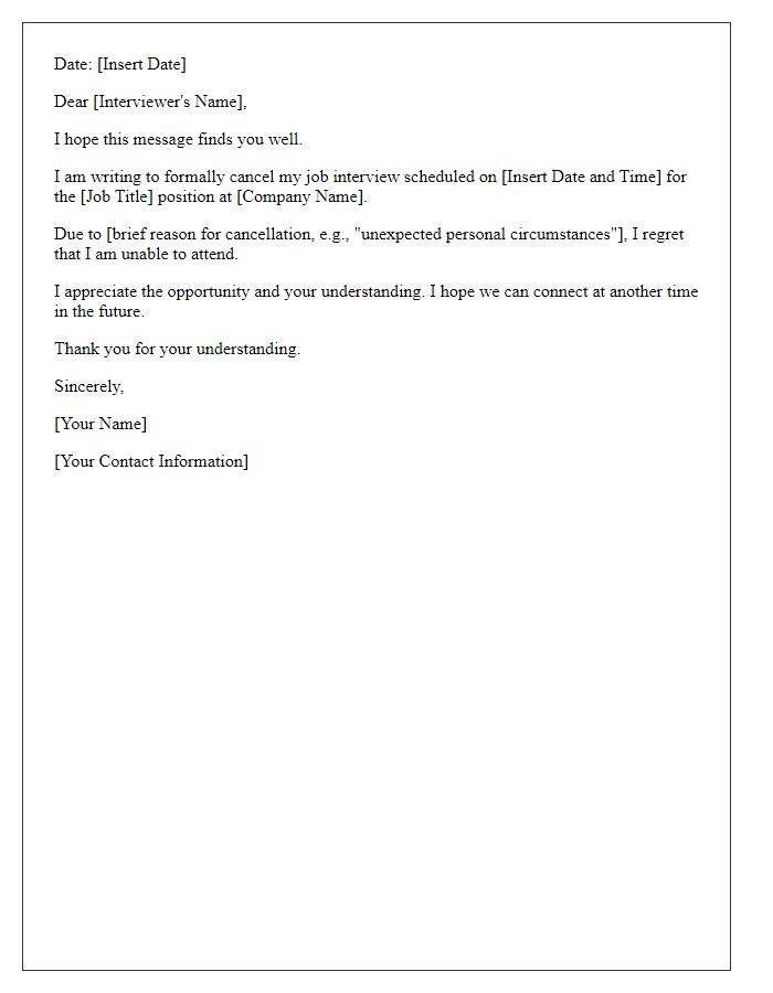 Letter template of cancellation of job interview appointment