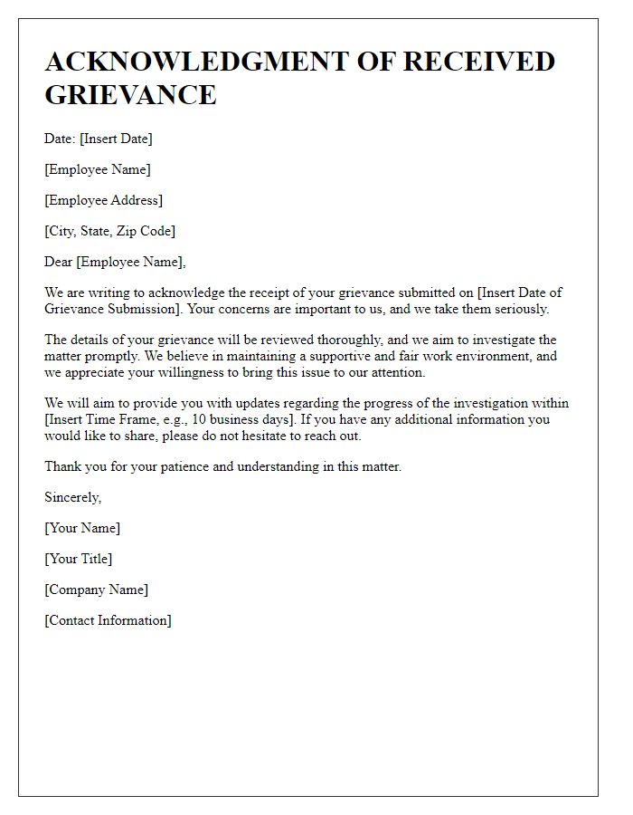 Letter template of acknowledgment of received employee grievance