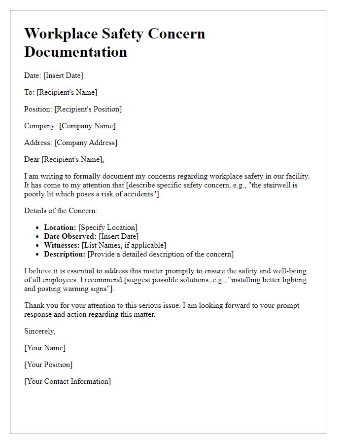 Letter template of documentation for workplace safety concerns