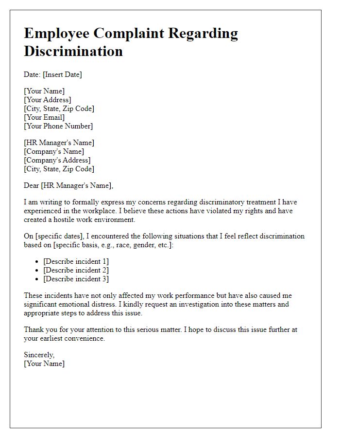 Letter template of employee complaint regarding discrimination