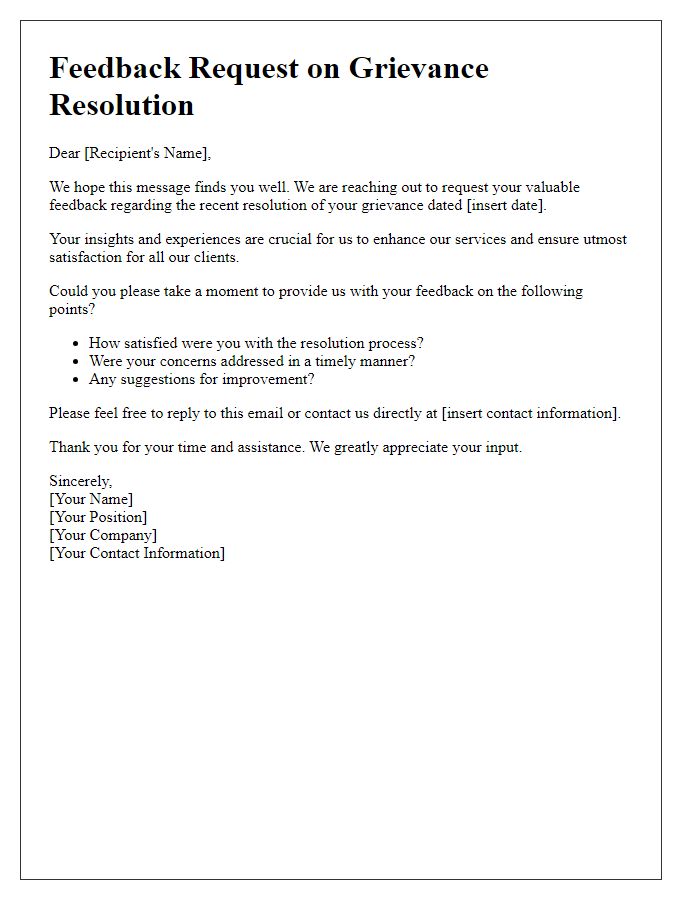 Letter template of feedback request on resolution of grievances
