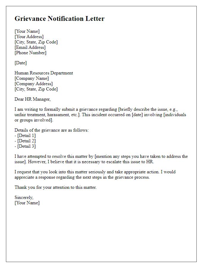 Letter template of grievance notification to HR department