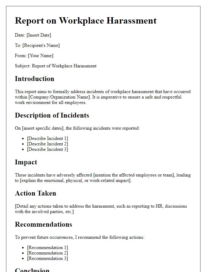 Letter template of report on workplace harassment