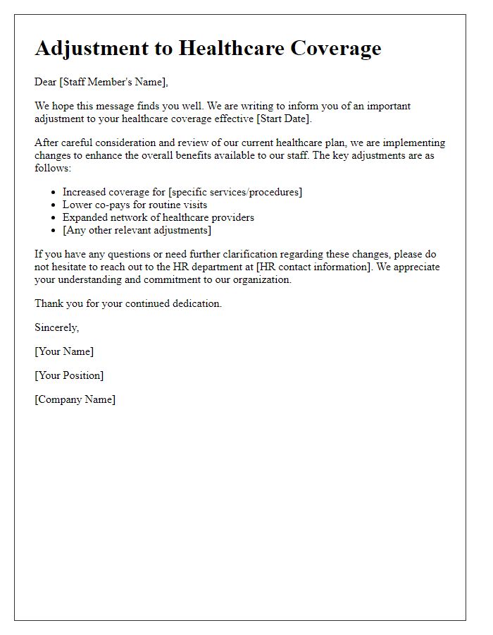 Letter template of adjustments to healthcare coverage for staff