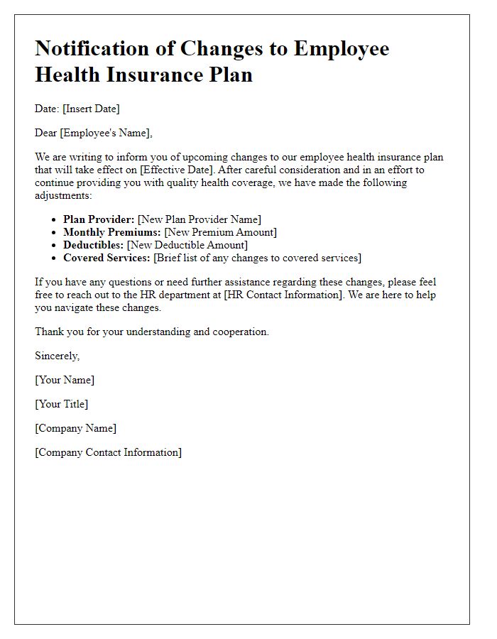 Letter template of changes to employee health insurance plan