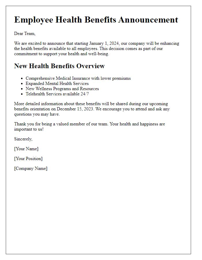 Letter template of employee health benefits announcement