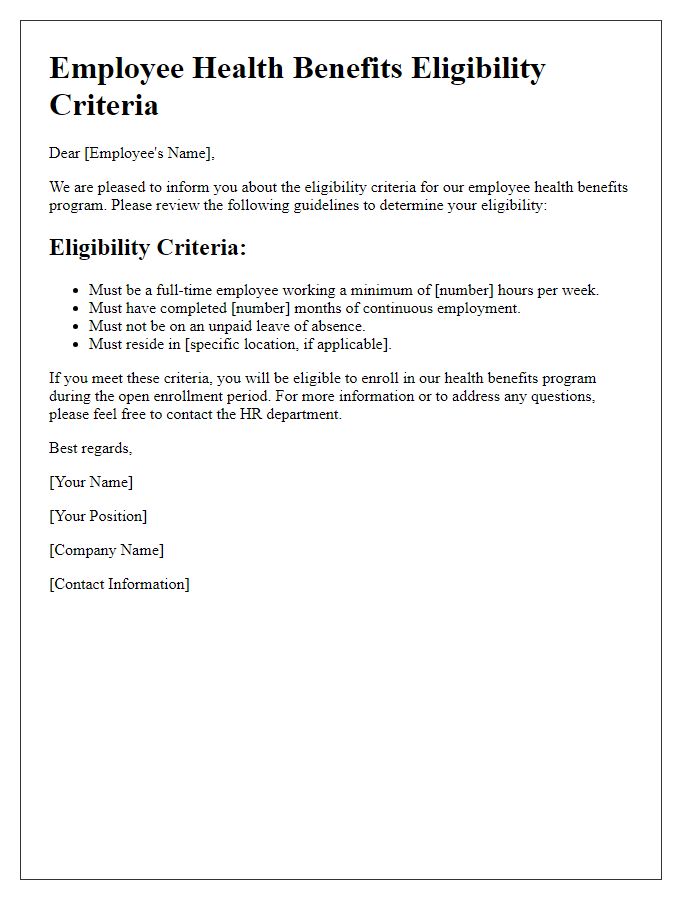 Letter template of employee health benefits eligibility criteria