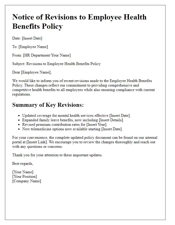 Letter template of revisions in employee health benefits policy