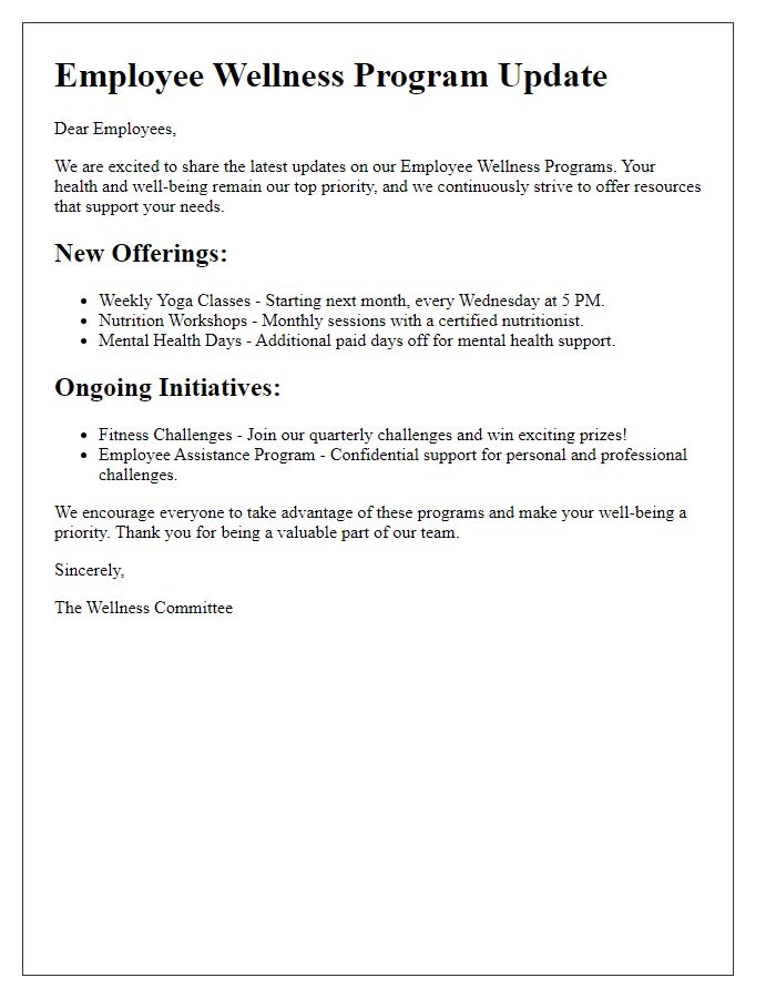 Letter template of updates on employee wellness programs