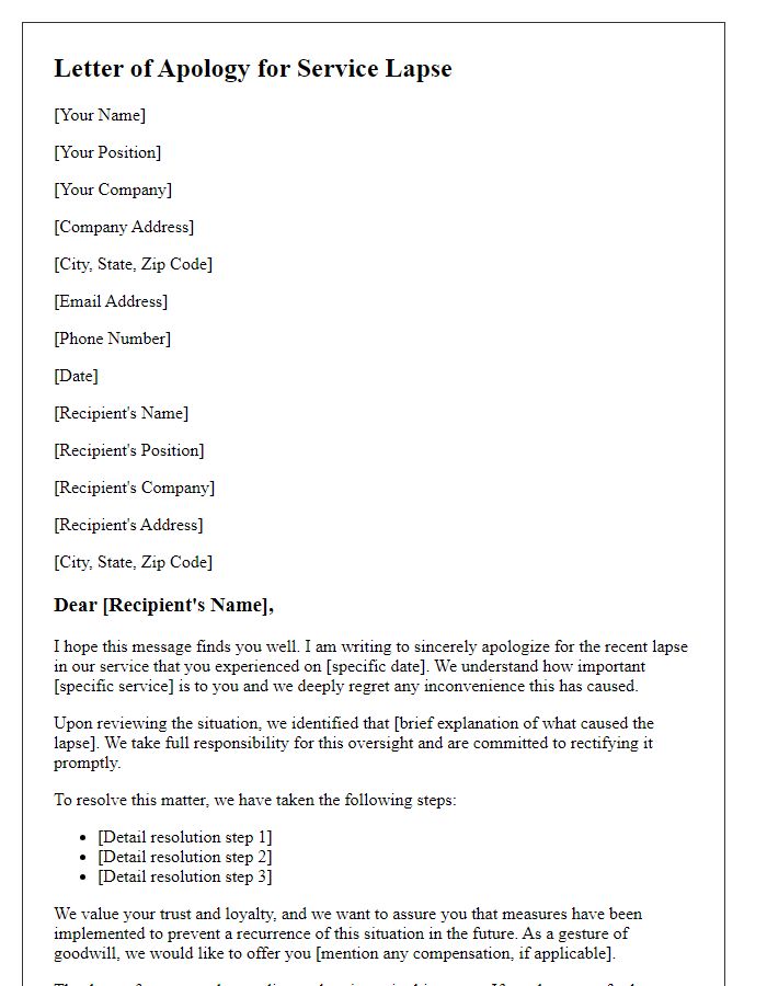 Letter template of service lapse and resolutions apology