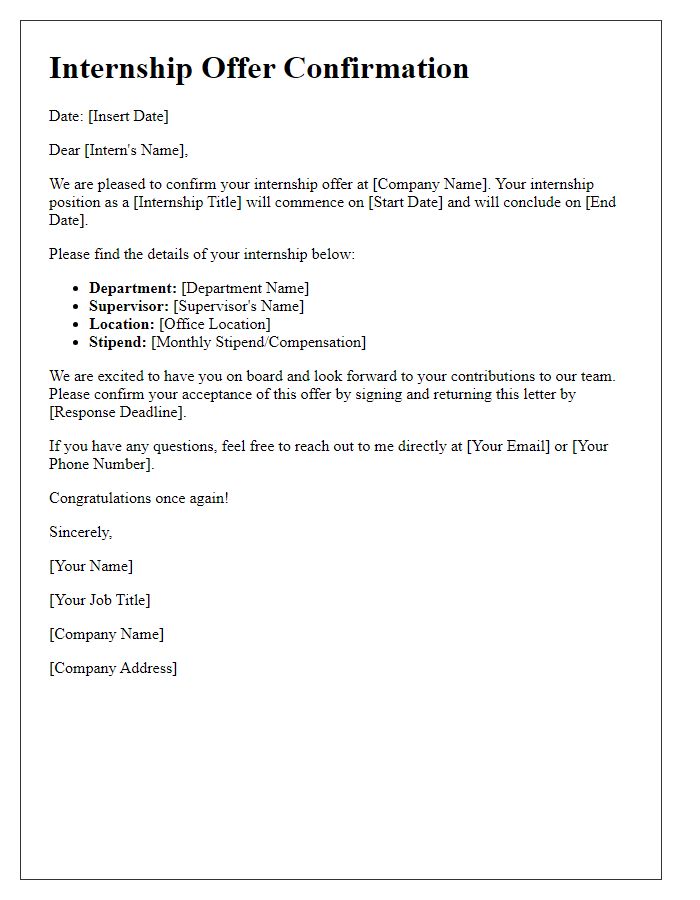 Letter template of internship offer confirmation