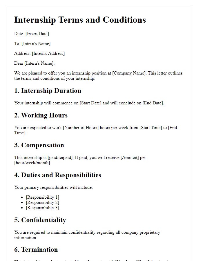 Letter template of internship terms and conditions