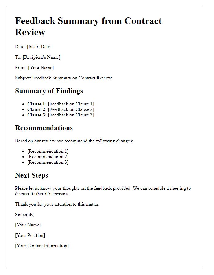 Letter template of feedback summary from contract review