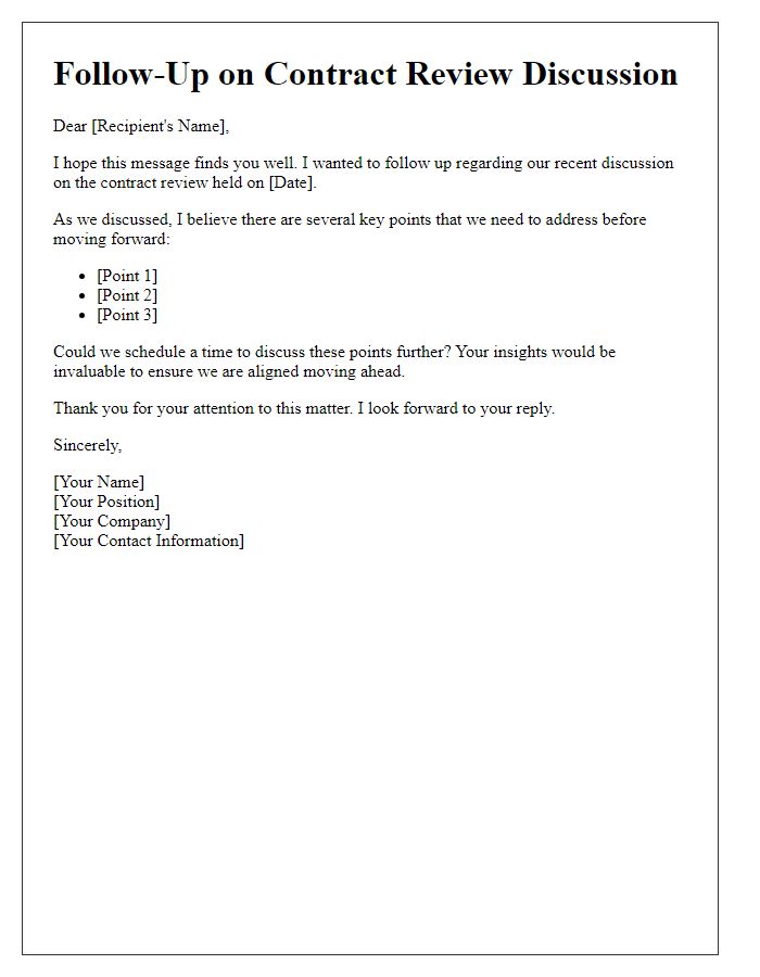 Letter template of follow-up for contract review discussion