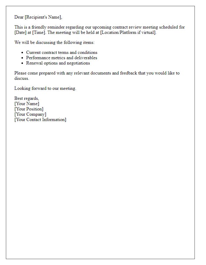 Letter template of reminder for upcoming contract review meeting