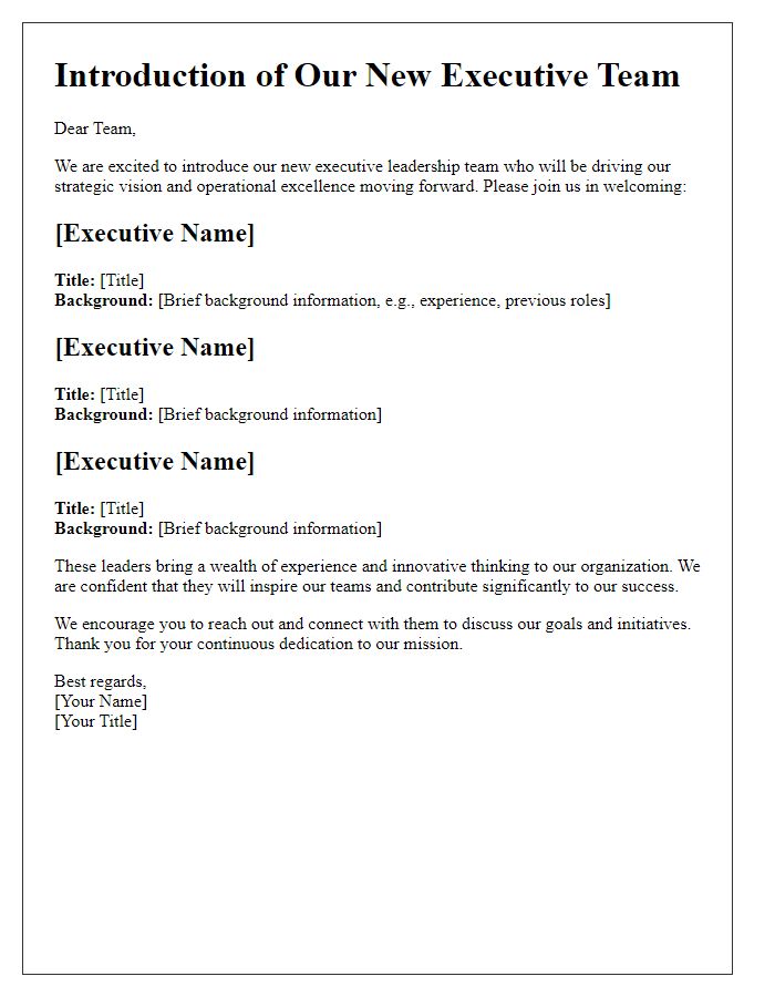 Letter template of executive leadership introduction for internal stakeholders.