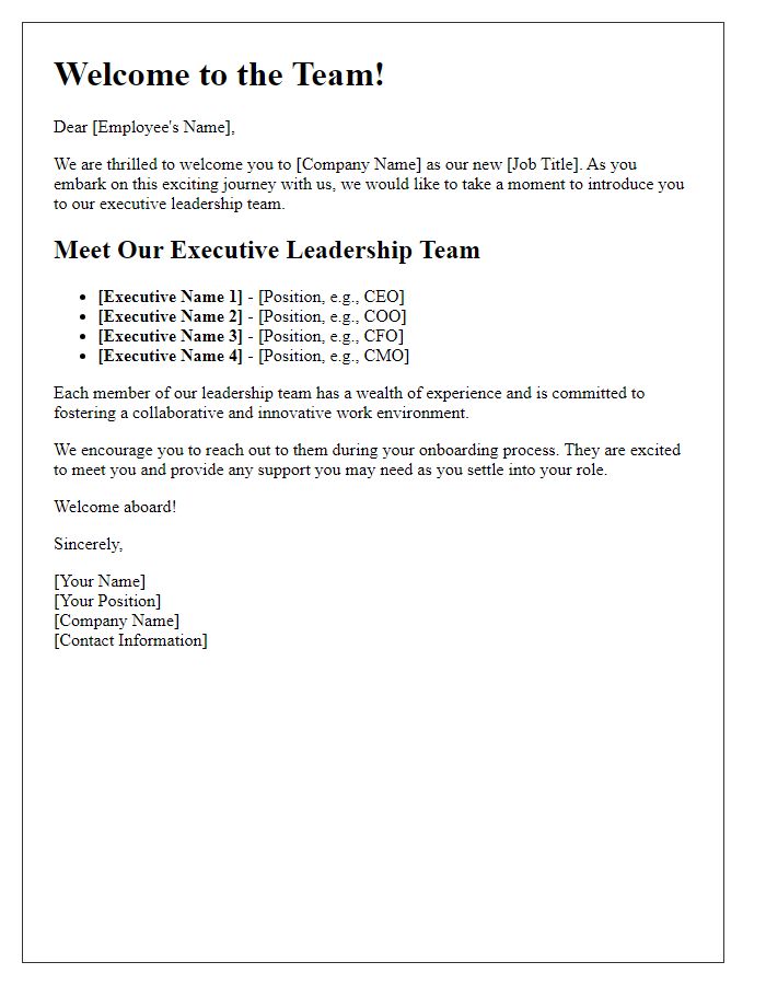 Letter template of introduction for executive leadership during onboarding.