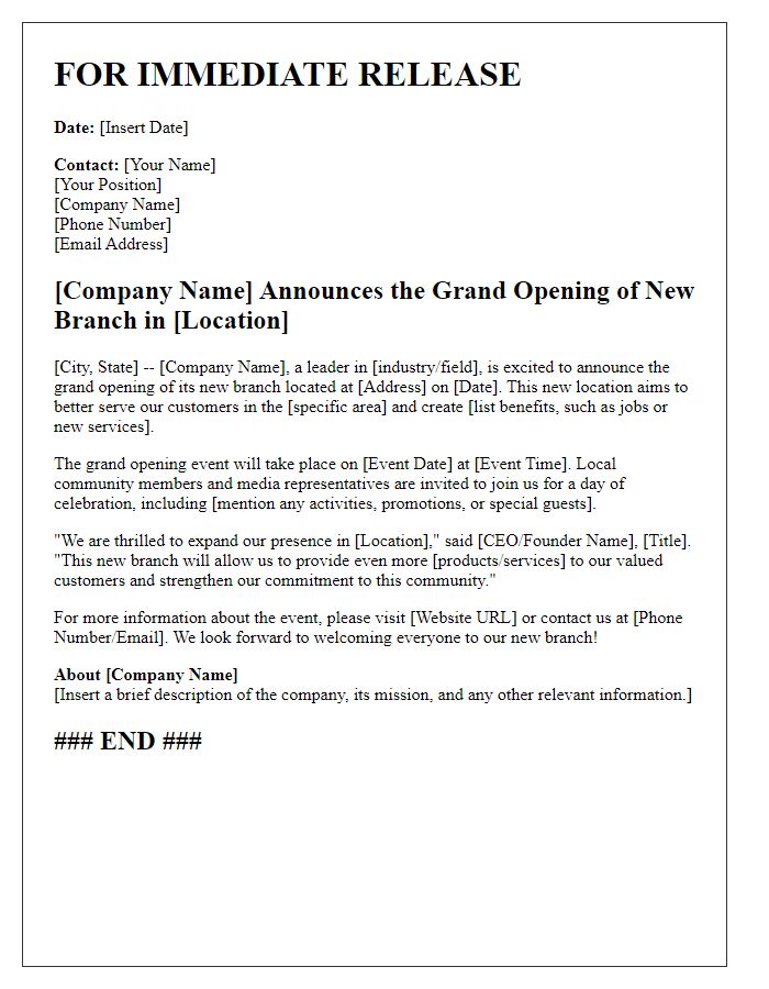 Letter template of press release for new branch opening event