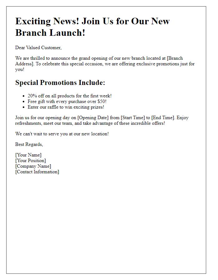 Letter template of special promotion for new branch launch