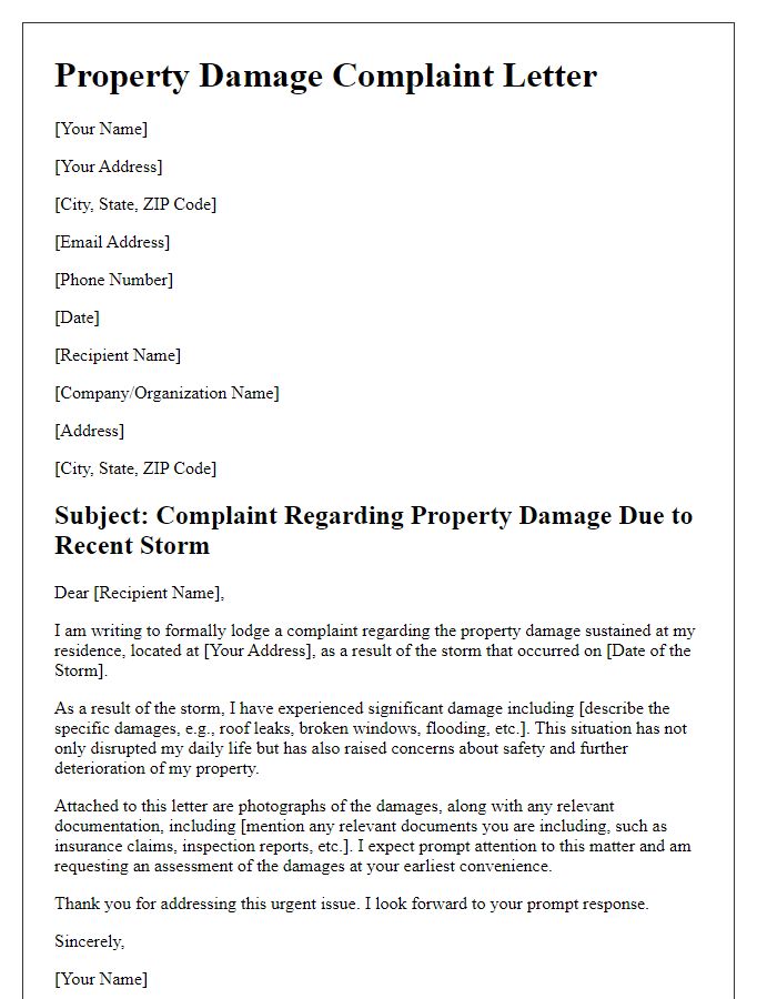 Letter template of property damage complaint after storm.