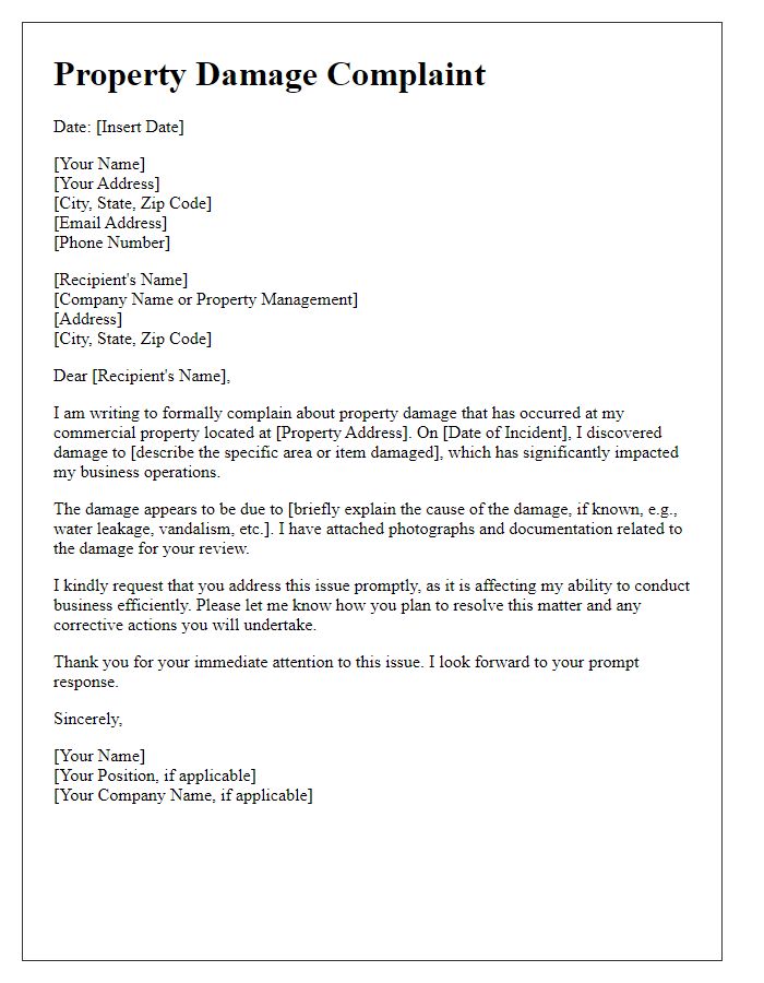 Letter template of property damage complaint for commercial property.