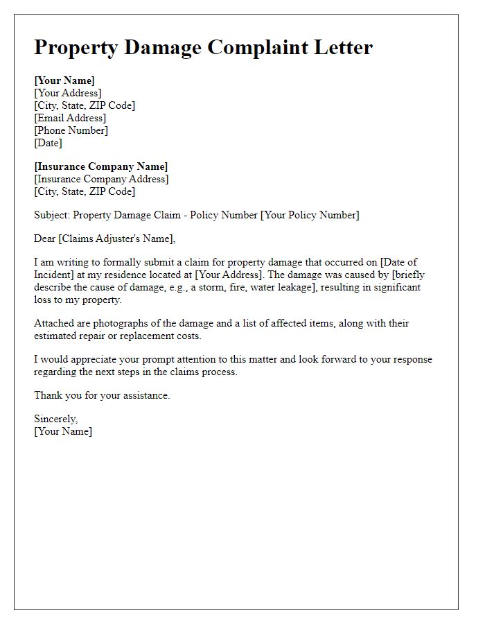 Letter template of property damage complaint to insurance company.