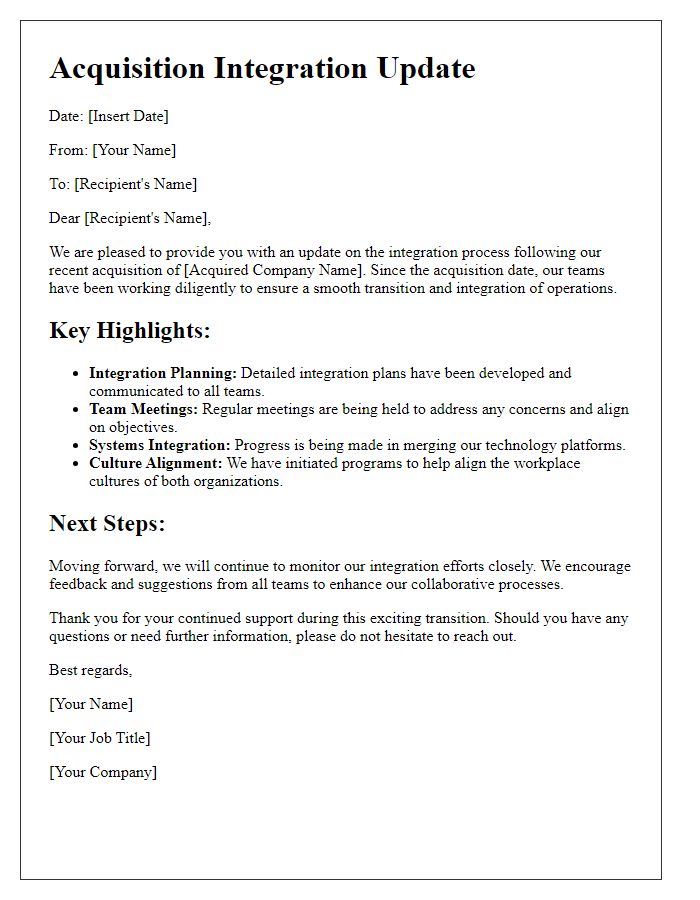 Letter template of Acquisition Integration Update