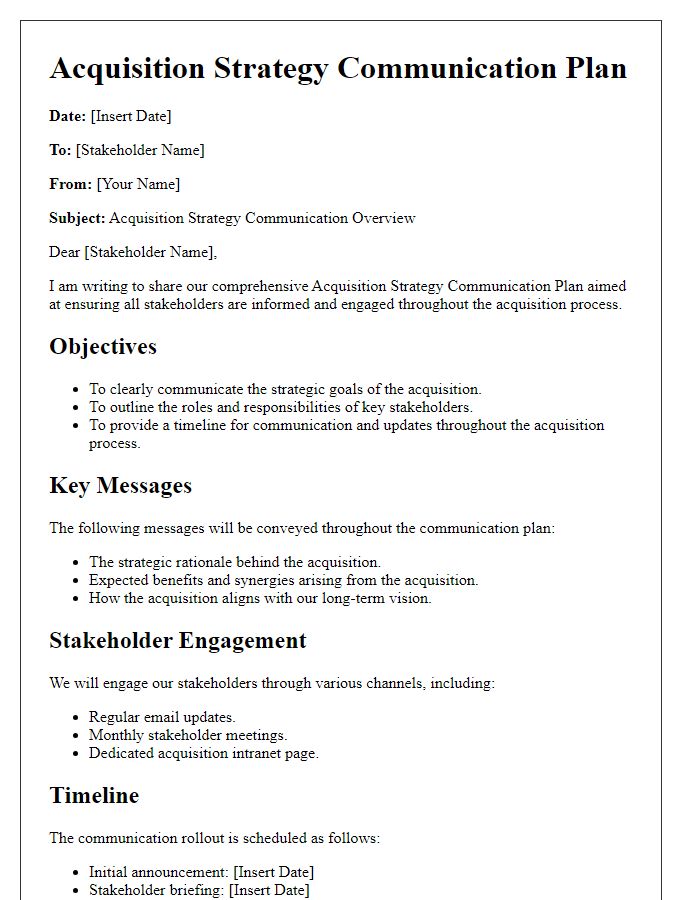 Letter template of Acquisition Strategy Communication Plan