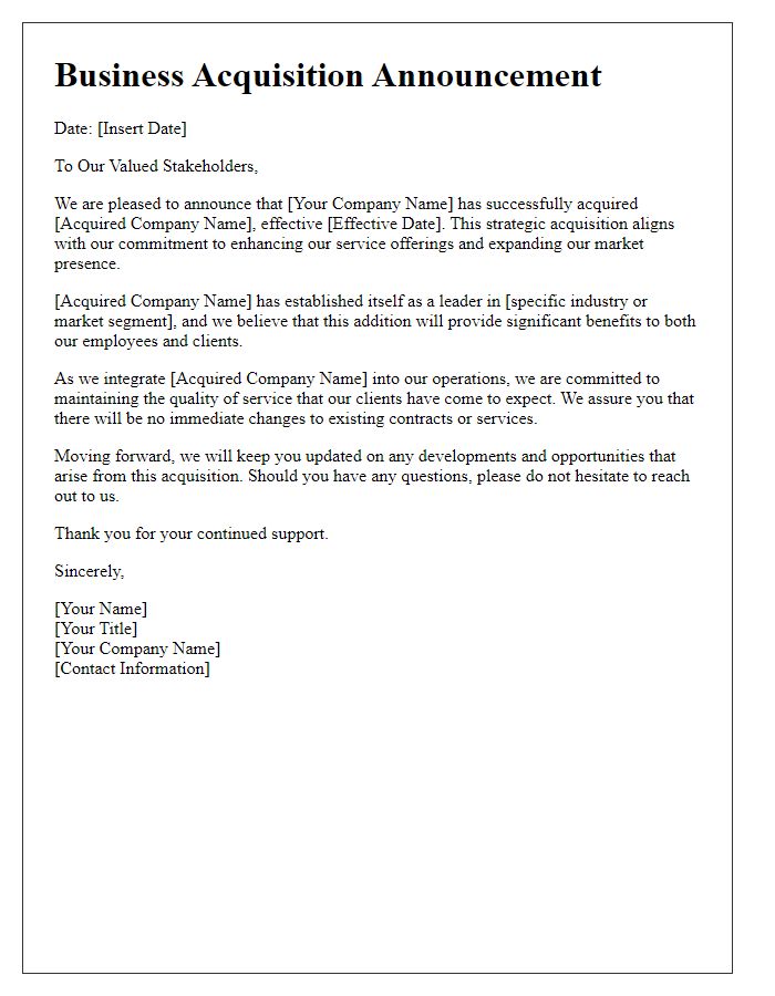 Letter template of Business Acquisition Announcement