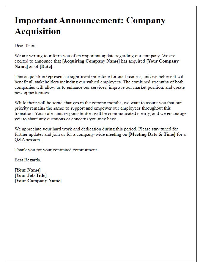 Letter template of Employee Communication Regarding Acquisition