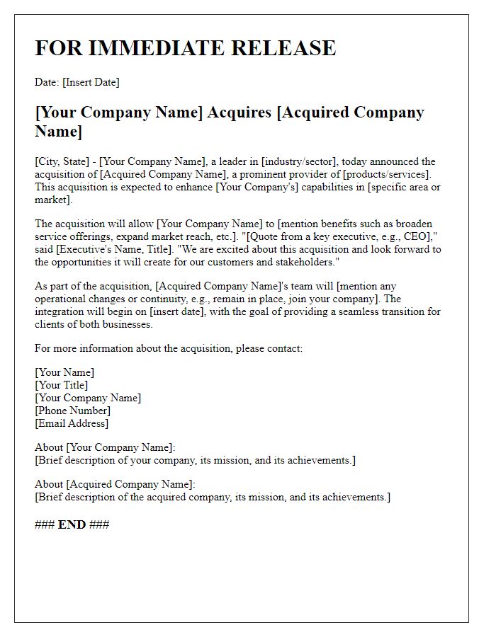 Letter template of Press Release for Business Acquisition