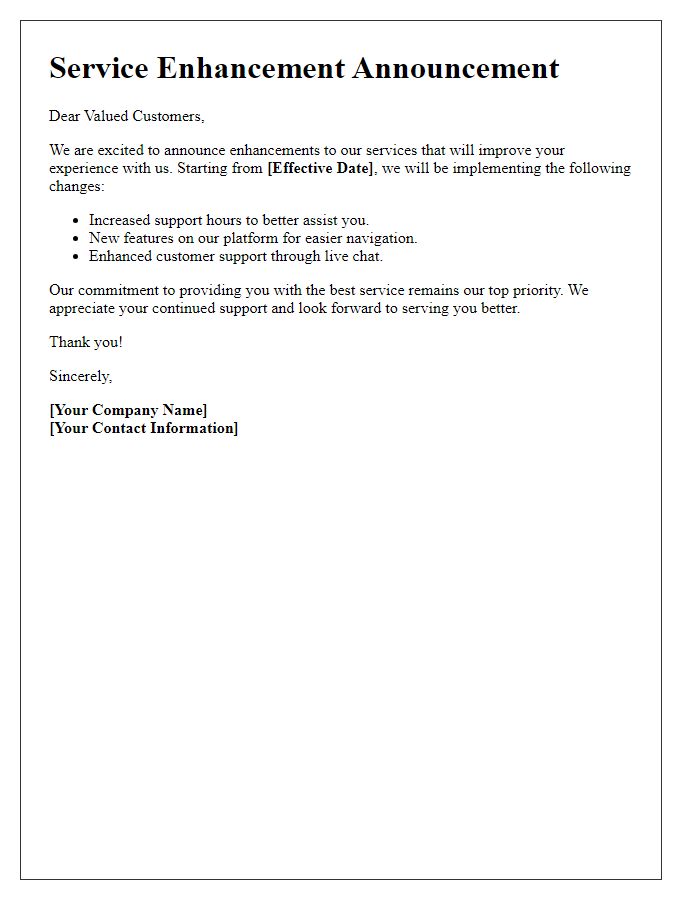 Letter template of service enhancement announcement