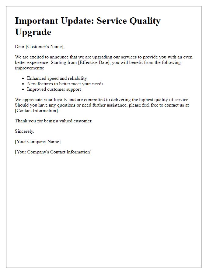 Letter template of service quality upgrade information