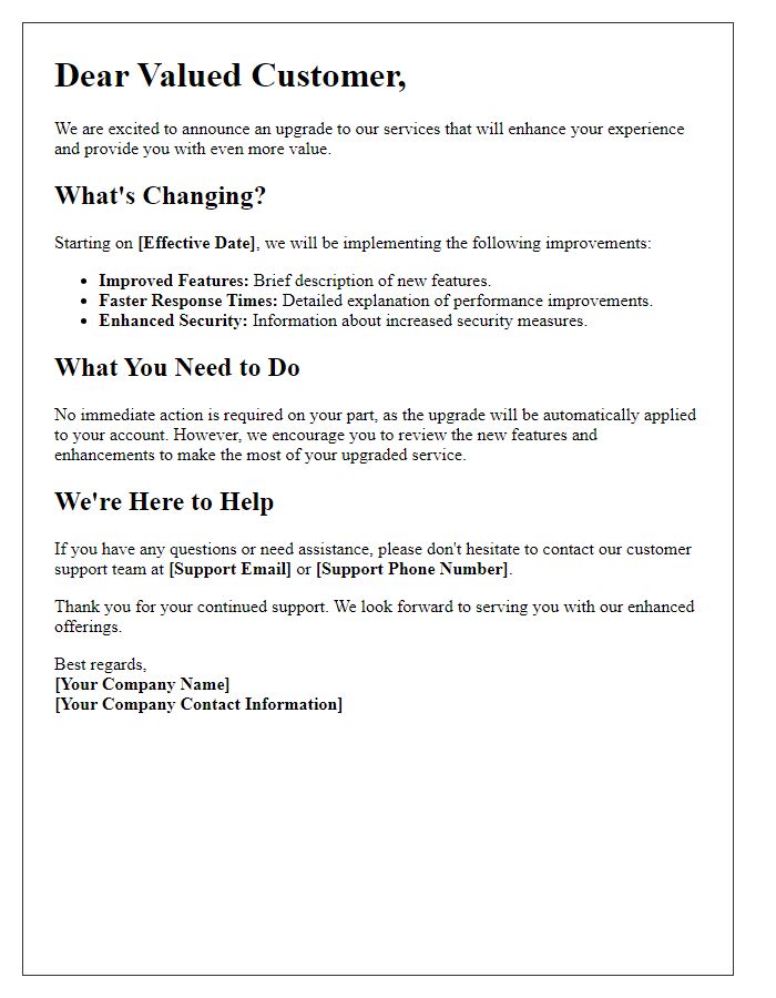 Letter template of service upgrade notification for valued customers
