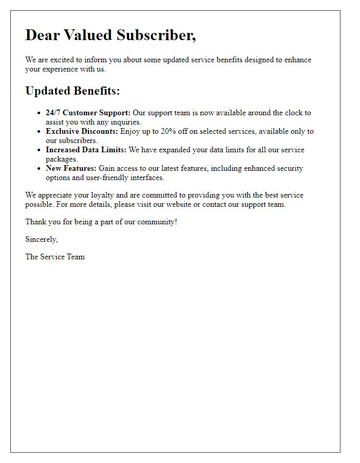 Letter template of updated service benefits for subscribers