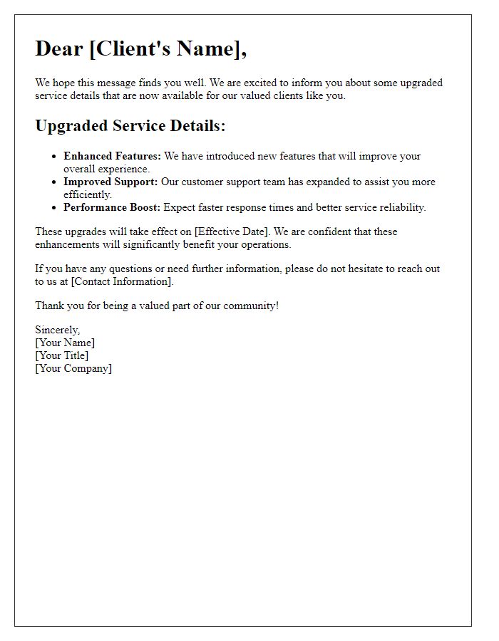 Letter template of upgraded service details for existing clients