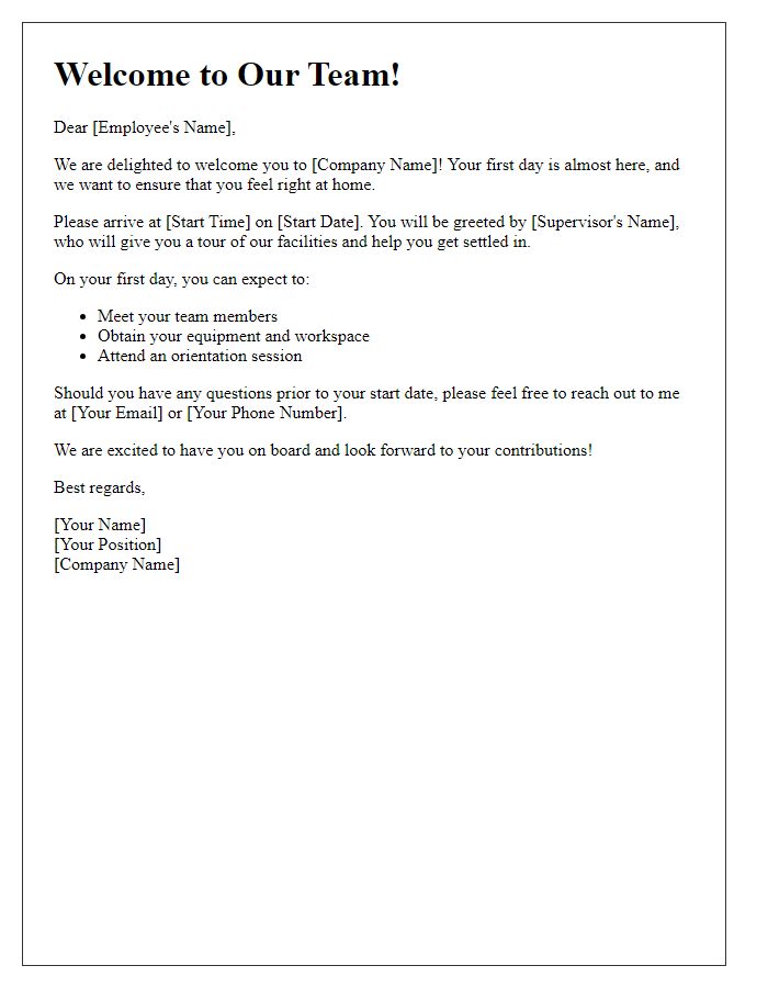 Letter template of first day welcome for new employee.