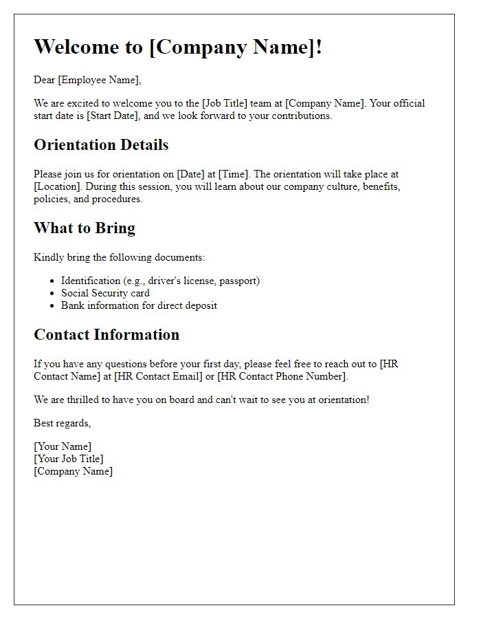 Letter template of orientation letter for new hire.